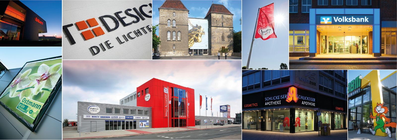Collage aus neun Werbeanlagen, darunter beleuchtete Einzelbuchstaben an Fassaden, ein großformatiges Transparent an einem historischen Gebäude, Werbefahnen und ein beleuchtetes Eingangsportal